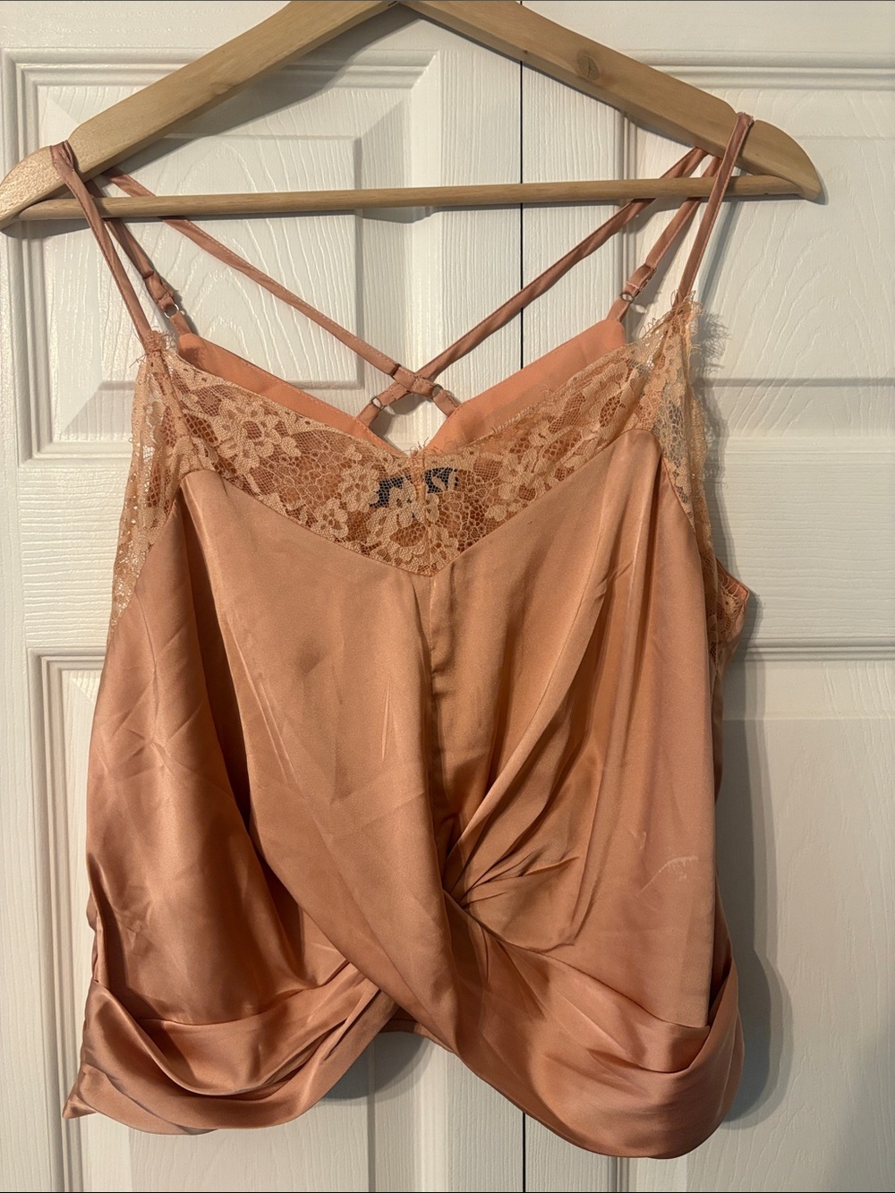 Woven Pink Peach Lace-Trim Satin Cami